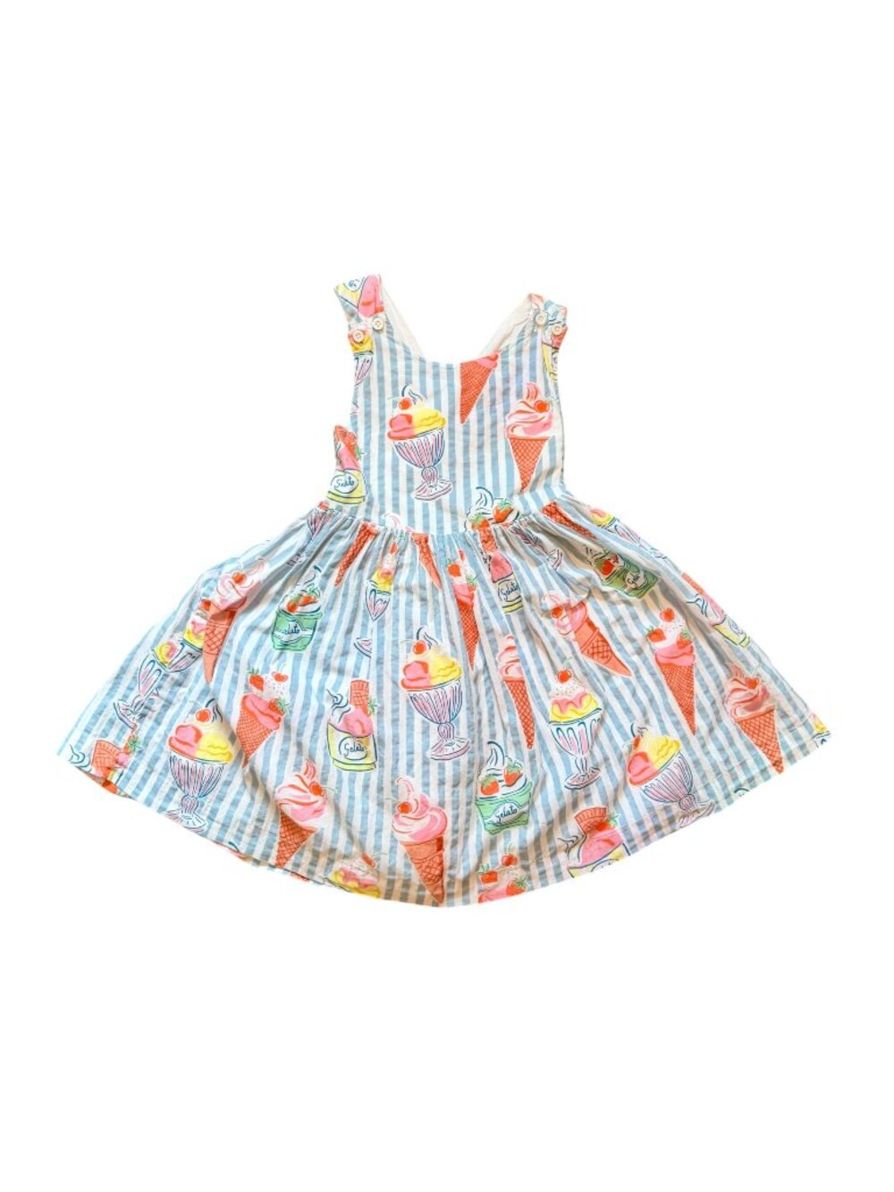 Mini Boden Girls Ice Cream Print Pinafore Summer Dress 5-6Y Striped Button Strap